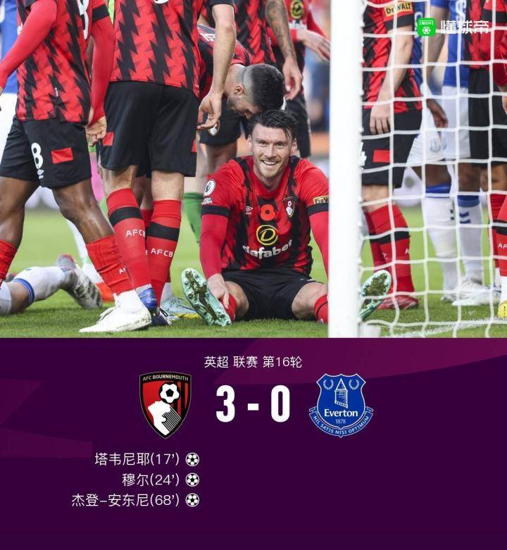  伯恩茅斯3-0埃弗顿，皮克福德失误，塔韦尼耶传射，穆尔建功