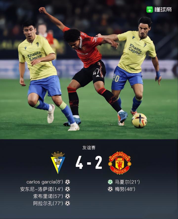  热身赛加的斯4-2曼联，马夏尔点射，梅努破门